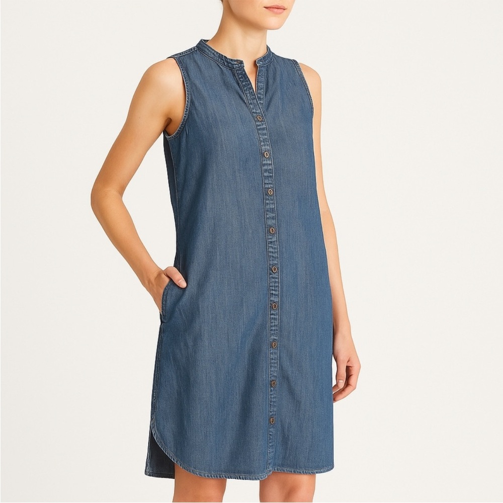 EILEEN FISHER Blue Denim Button Down Sleeveless Dress Size L